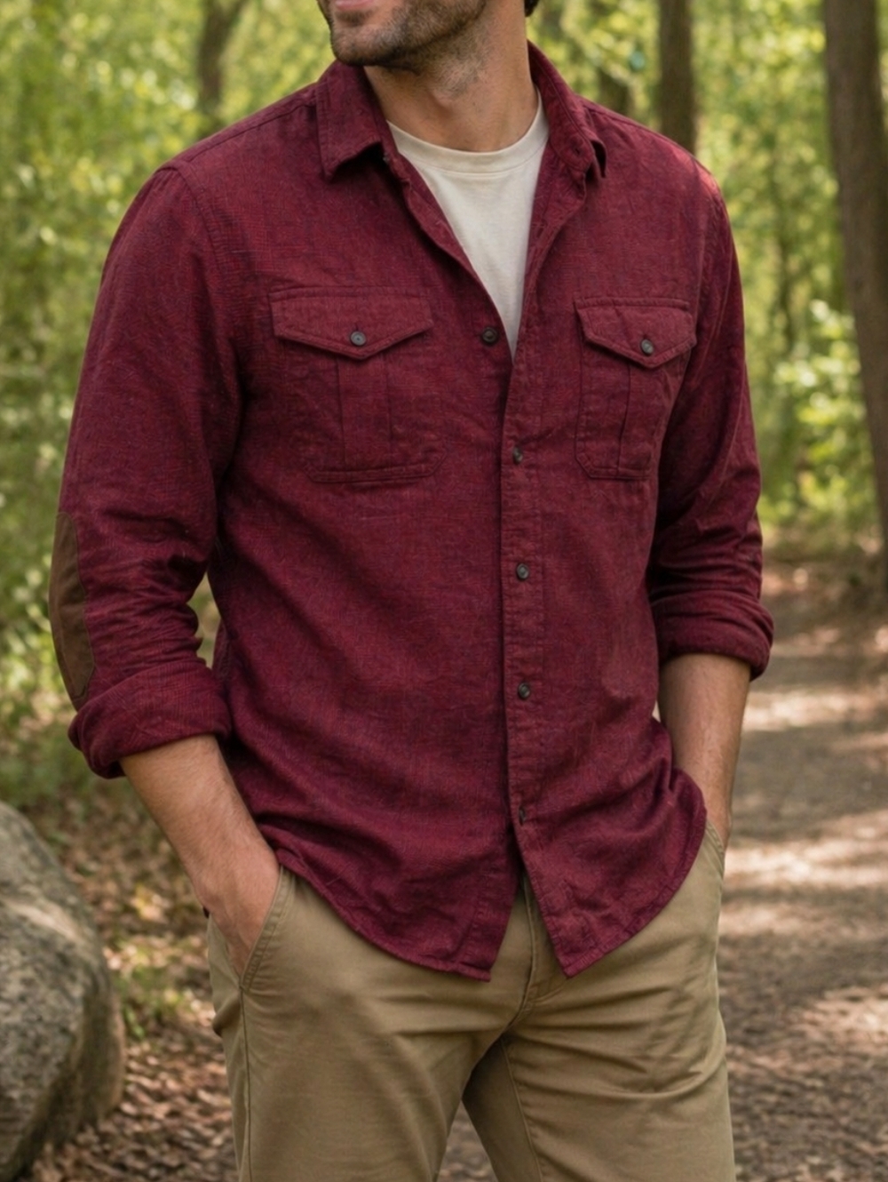Chaps 100% Cotton Burgundy Button Down Shirt | Elbow Patch Classic Casual